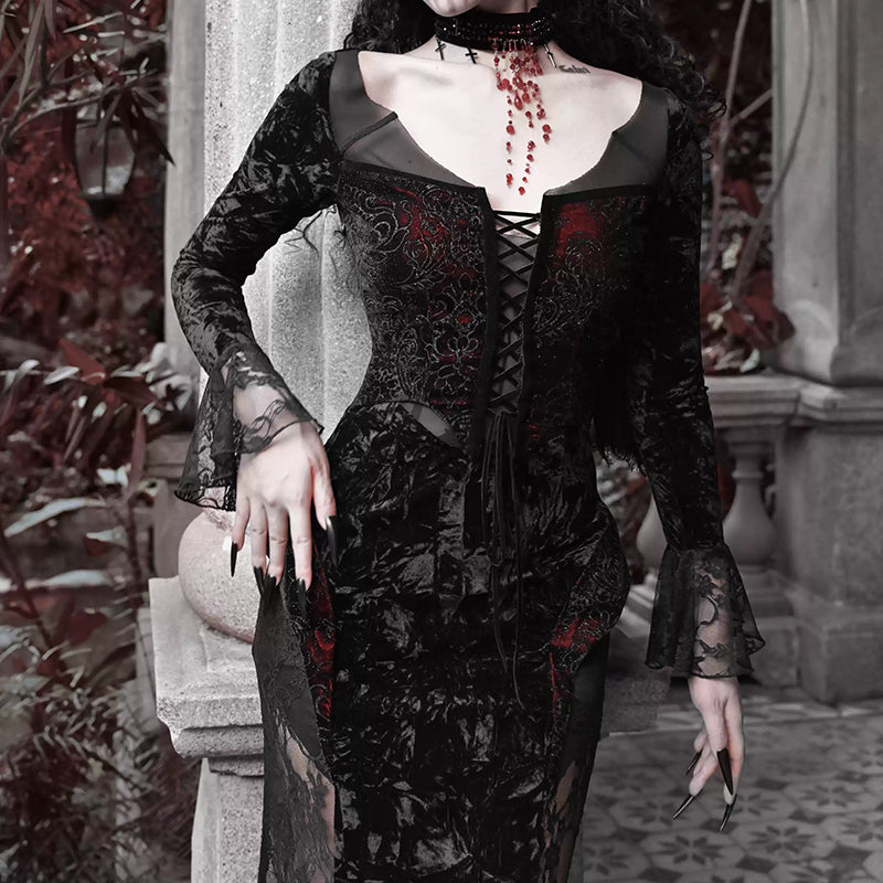Gothic Lace Velvet Fishtail Dress - Gothmuse