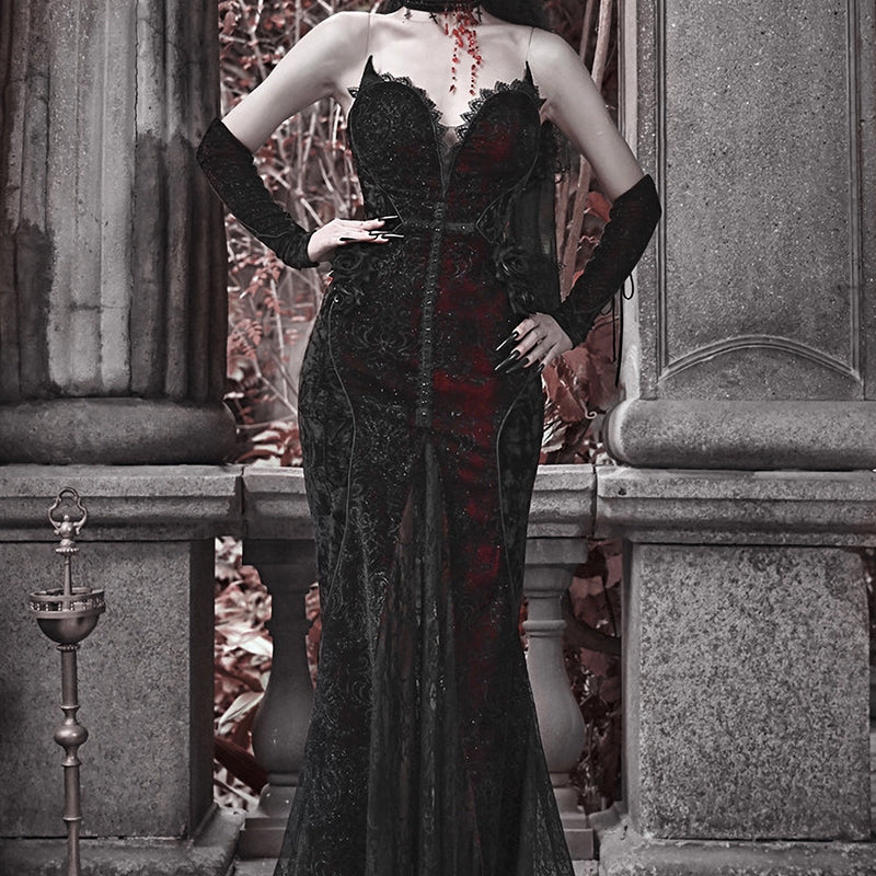 Gothic Velvet Fishtail Dress With Arm Sleeves - Gothmuse