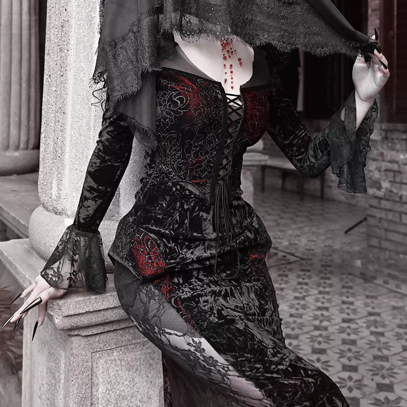 Gothic Lace Velvet Fishtail Dress - Gothmuse