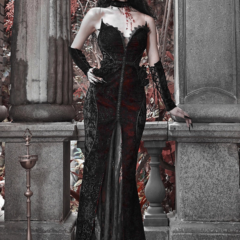 Gothic Velvet Fishtail Dress With Arm Sleeves - Gothmuse