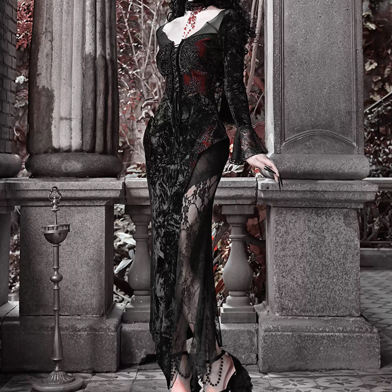 Gothic Lace Velvet Fishtail Dress - Gothmuse