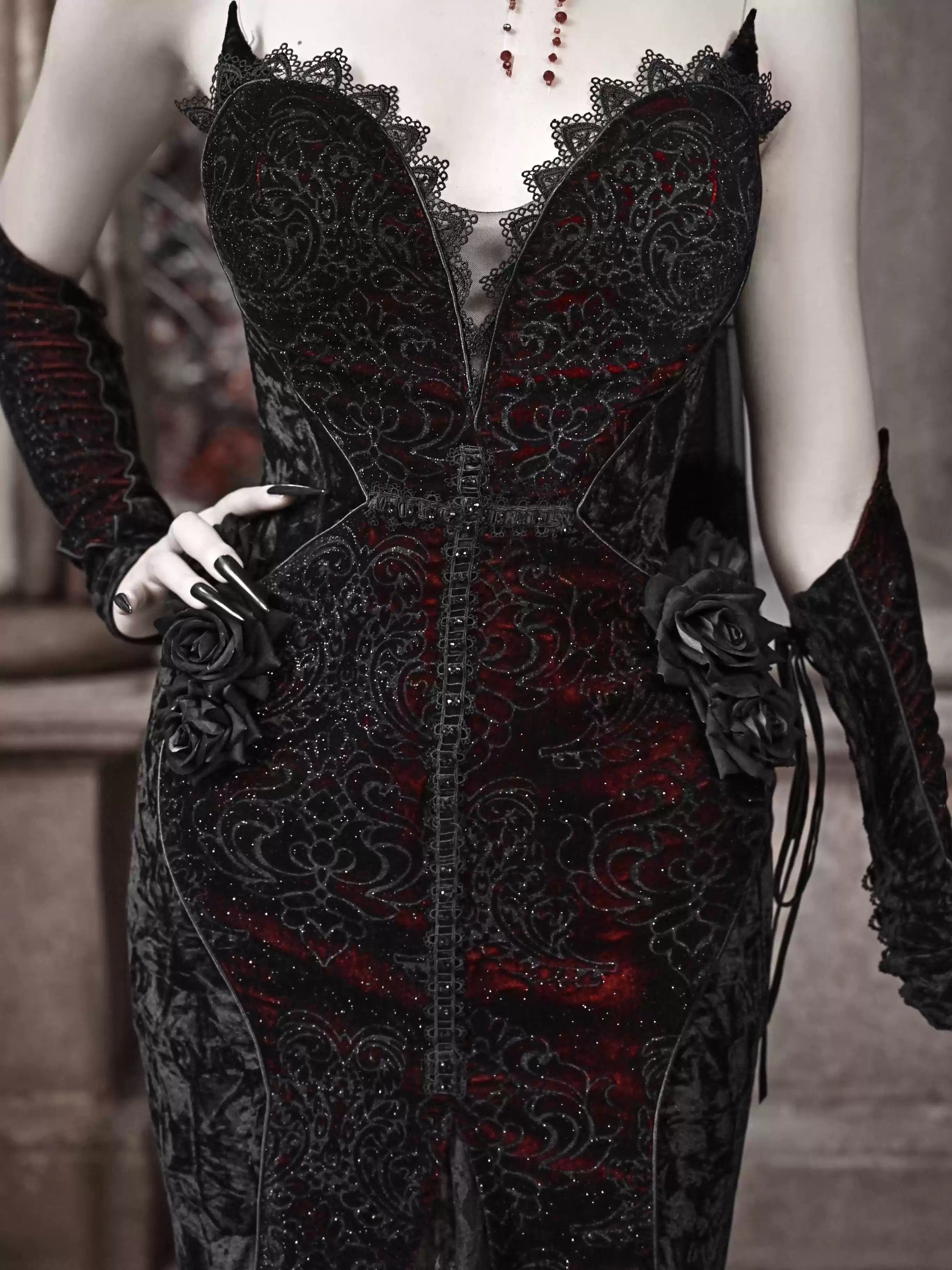 Gothic Velvet Fishtail Dress With Arm Sleeves - Gothmuse