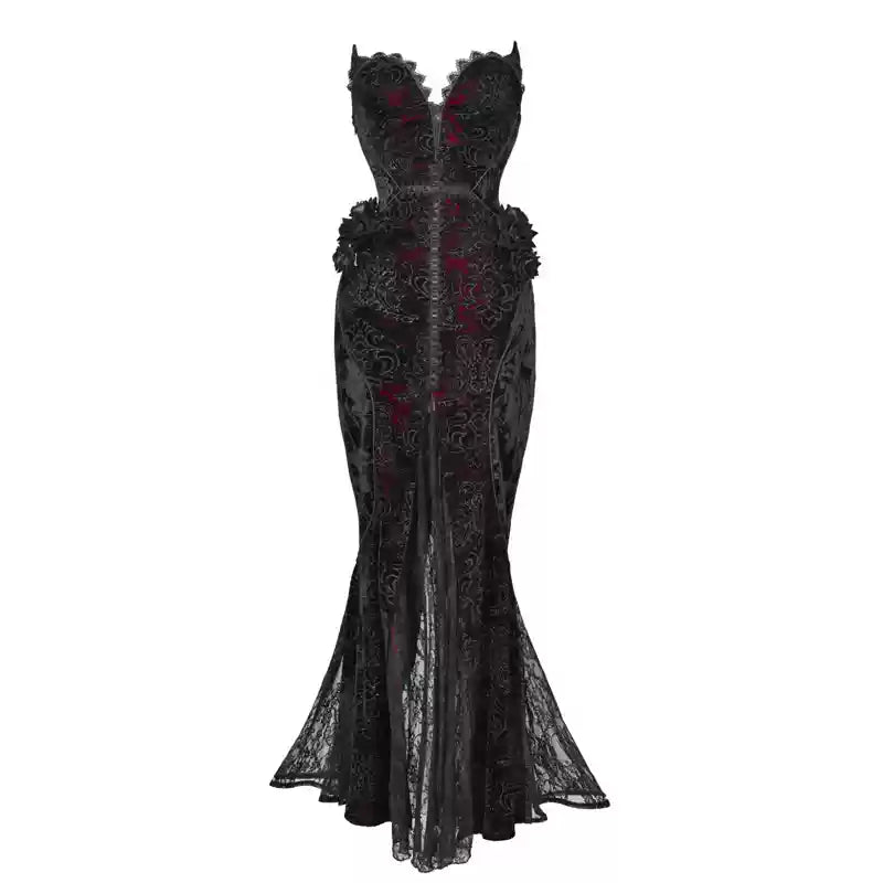 Gothic Velvet Fishtail Dress With Arm Sleeves - Gothmuse