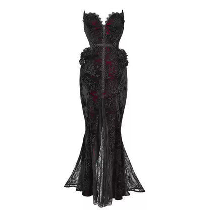 Gothic Velvet Fishtail Dress With Arm Sleeves - Gothmuse