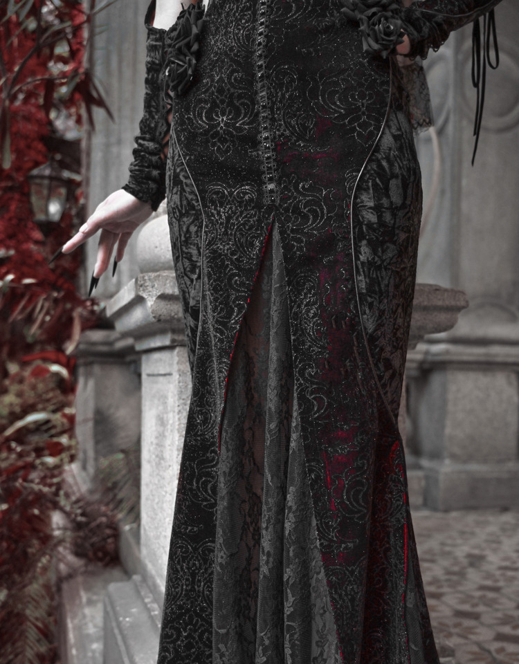 Gothic Velvet Fishtail Dress With Arm Sleeves - Gothmuse