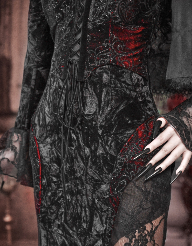 Gothic Lace Velvet Fishtail Dress - Gothmuse