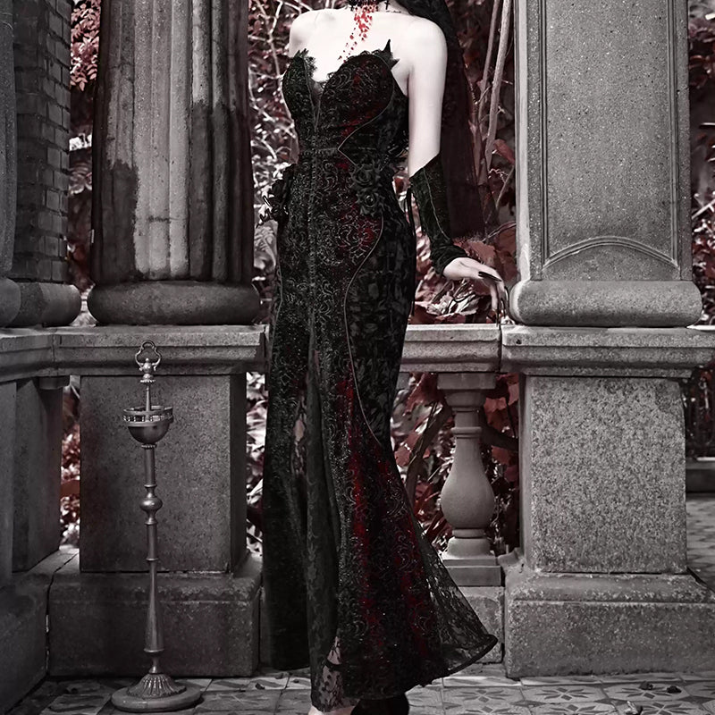 Gothic Velvet Fishtail Dress With Arm Sleeves - Gothmuse
