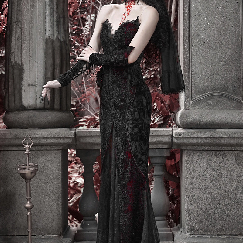 Gothic Velvet Fishtail Dress With Arm Sleeves - Gothmuse